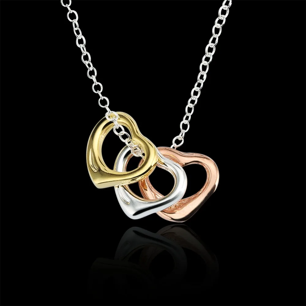 Three Hearts Fashion Love Gift Latest 925 Silver Choker Necklace 18