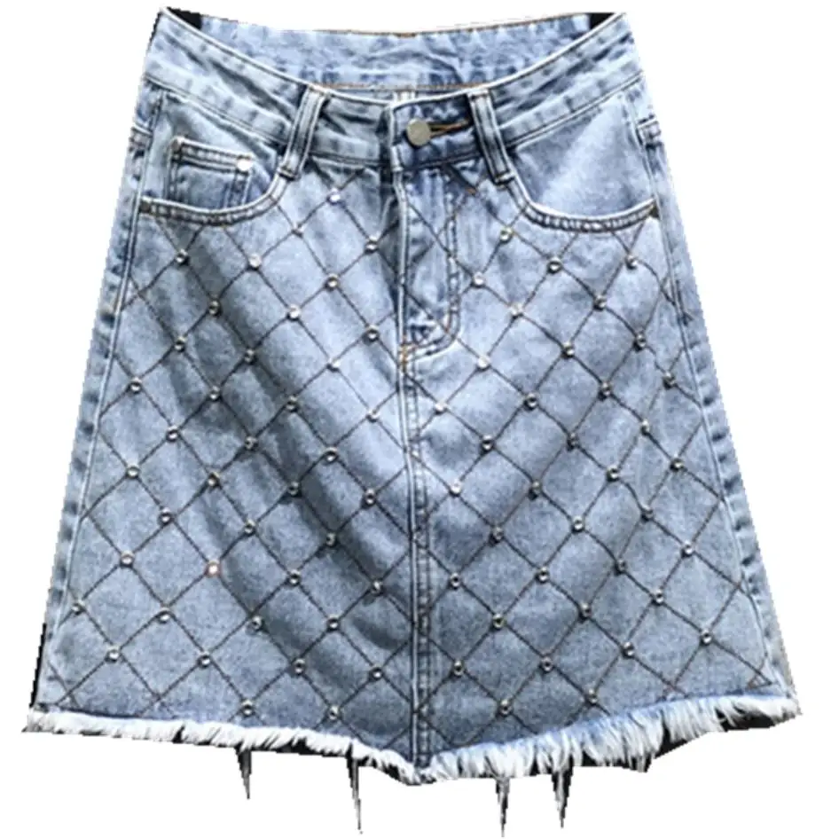 Женская юбка, хлопковые джинсовые юбки с высокой талией, джинсовая юбка со стразами, универсальная ковбойская мини-юбка трапециевидной формы