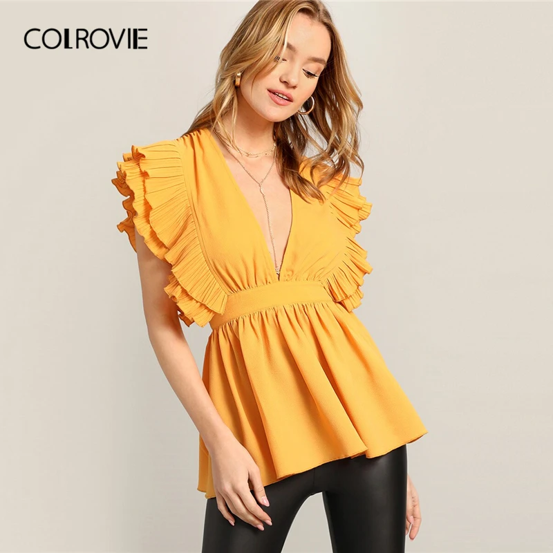 

COLROVIE Yellow Plunging Neck Exaggerated Ruffle Peplum Blouse Shirt Women 2019 Glamorous Deep V Neck Sleeveless Ladies Tops