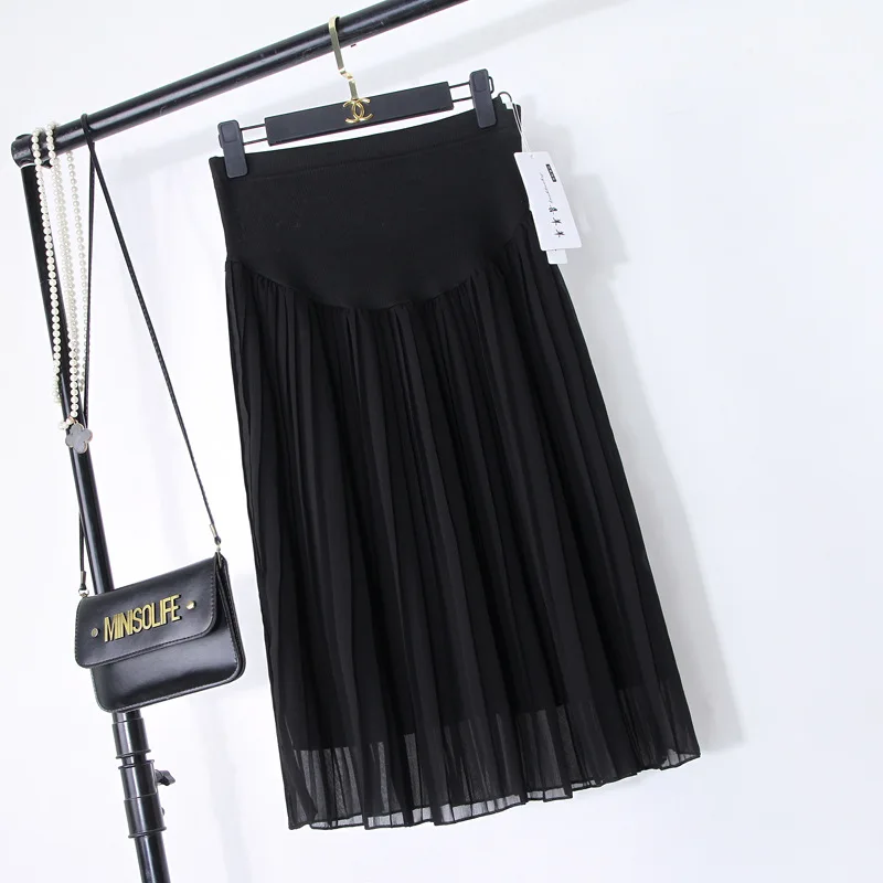 BONJEAN nueva primavera faldas de maternidad moda chifón cuidado vientre A-Line Falda plisada alta cintura negro y gris ropa de embarazo