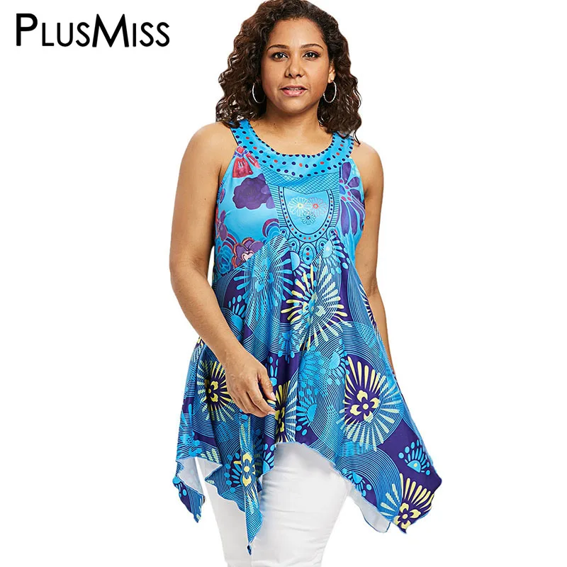 PlusMiss Plus Size Floral Flower Boho Print Tunic Tank