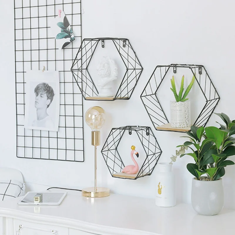 

Wrought Iron Hexagonal Grid Wall Shelf Black Grid Style Small (no backboard) Home Garden Decoration Crafts