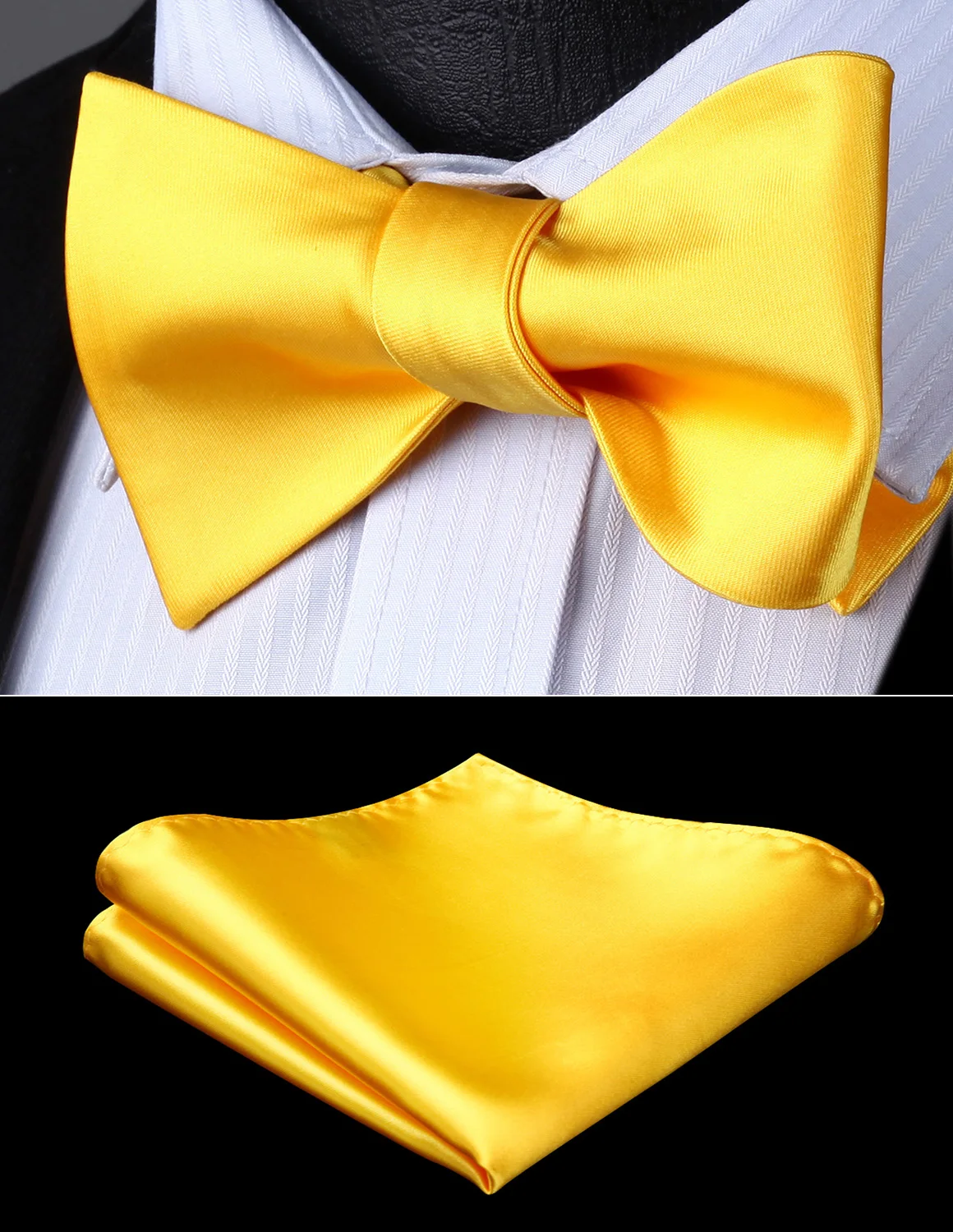 Men Woven Party Wedding Yellow Solid Self Bow Tie Pocket Square Set