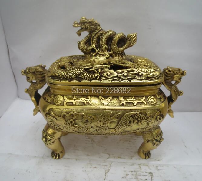 Collectible Chinese Brass Carved dragon incense burner Dragon Lid