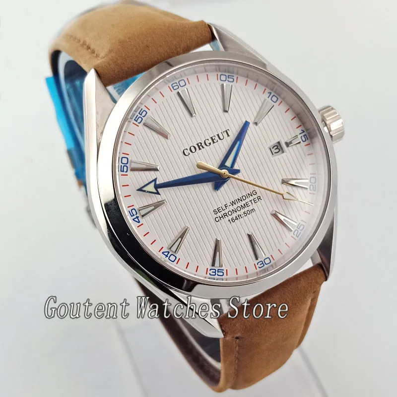 

41mm Corgeut White Dial Brown Leather Band Automatic Men Watch 2753