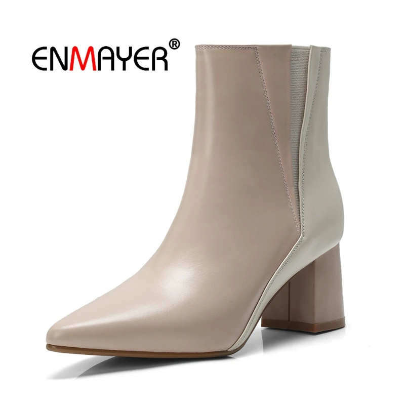 

ENMAYER Ankle boots Winter boots Pointed toe Female High heels Back Zip Patchwork Boots For Ladies Shoes Zapatos Mujer CR1593