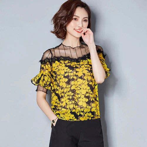  J51980 New Fashion Summer All Match Lace Patchwork Floral Printed Chiffon Shirt