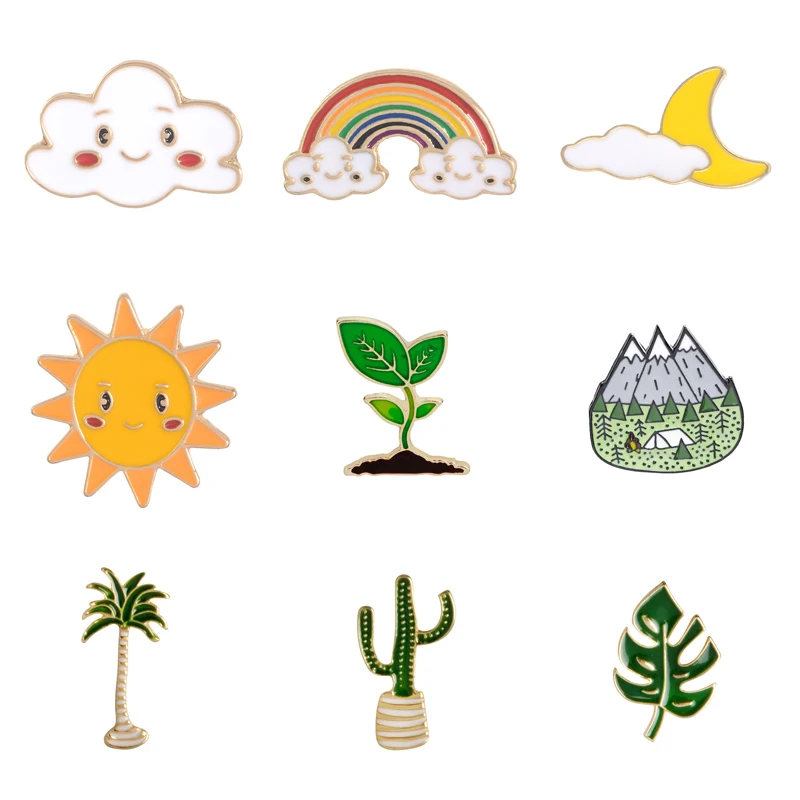 

Cartoon Plant Enamel Pins Sun Moon Rainbow Cloud Brooch Button Badge Smile face Jewelry Gift for Girls Backpack Accessories