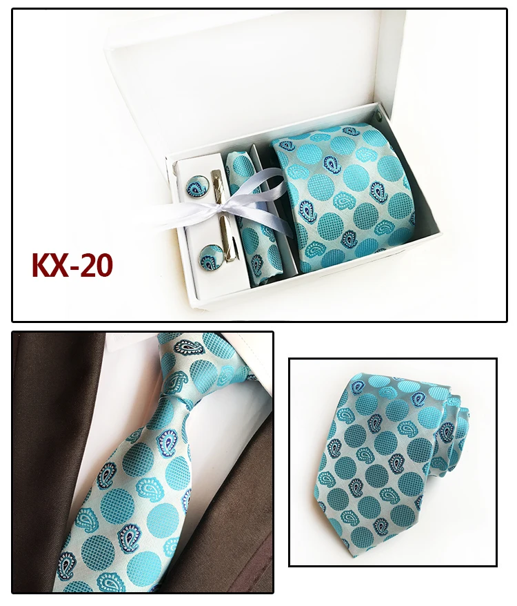 8 см дизайнер Для мужчин строгие галстуки Набор уникальных галстук с ярким узором комплекты платок с запонки, зажим для галстука подарочная