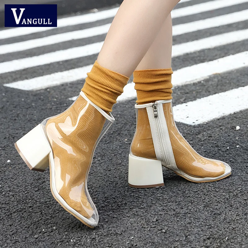 

VANGULL Spring Summer Boots Women Thick High Heels Sandals 2019 New Spring Ladies PVC Zipper Round Toe Female Transparent Shoes