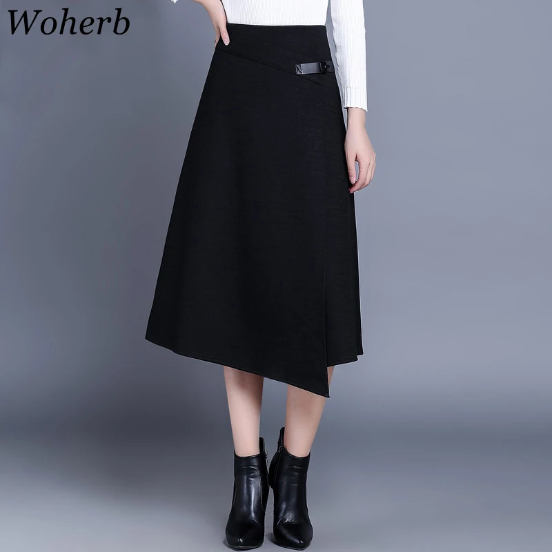 

Woherb 2019 Plus Size 4XL Winter Skirts Womens Asymmetry Thick Skirt Casual Split High Waist Long Skirt Saia Jupe Femme 20465