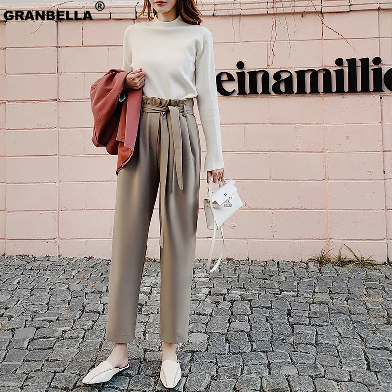 

High Quality OL Style Elastic Waist Sashes Women Suit Pants Pockets Ankle-length Pencil Pants Female Trousers pantalon femme