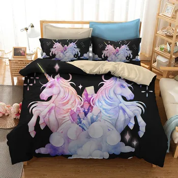 

Fanaijia black unicorn bedding set queen size 3d printed kids duvet Cover With Pillowcases Bed kids bedline