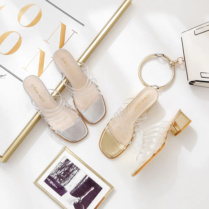 

Shoes Med Transparent Slippers Designer Slides Square heel Shose Women Luxury 2019 Sliders Fabric Hoof Heels Fashion PU Basic