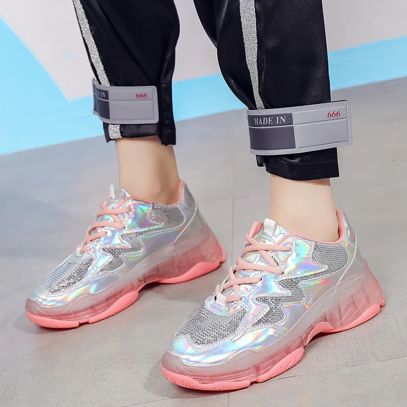 

Fashion women sneakers 2019 new colorful crystal thick bottom ins sequins laser jelly summer mesh sports shoes