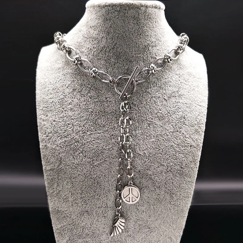 

2018 Peace Sign Punk Stainless Steel Choker Necklace Women Jewellery Wings Silver Color Neckless Jewelry choker necklace N17920