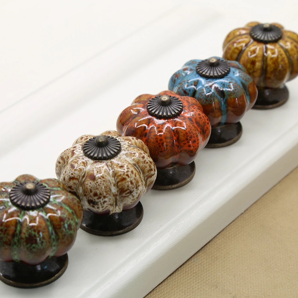 Adorable Small Round Pumpkin Ceramic Pull Knobs With Screws, Vintage Drawer Wardrobe