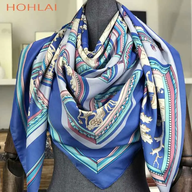 Пончо Шелковый шарф женский роскошный бренд хиджаб квадратные шарфы Модные с принтом лошади цветные банданы шаль 130*130 - Цвет: 3