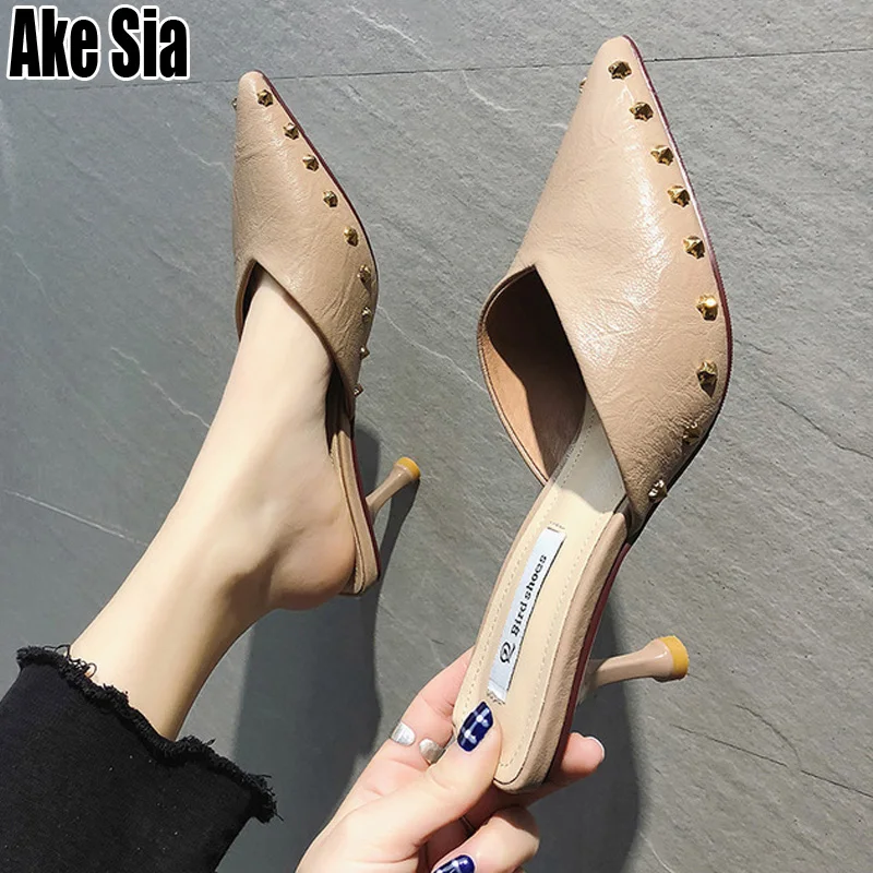 

Elegant Women Fashion Rivets Casual Mujer Lady Half Mules Slippers High Stilettos Heels Loafers Scuff Slides Feminino Shoes A644