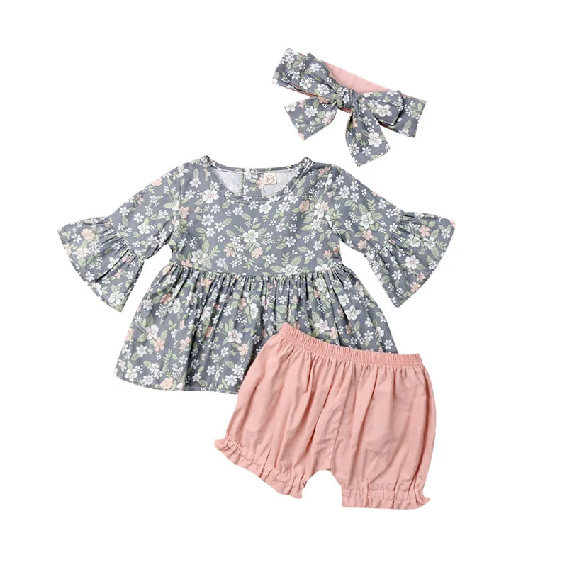 New Girls Clothes Set Gray Long Sleeve T-Shirt For Floral Print Tops Pink Shorts Kids Pant Children Headband Baby Girl | Детская одежда