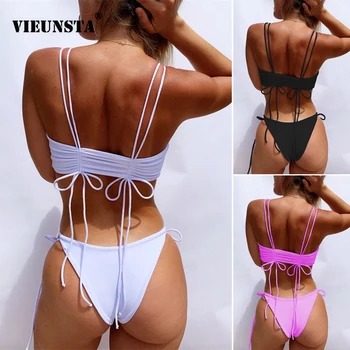 

VIEUNSTA Bikini Women Bandeau Bandage Swimwear Swimsuit Sexy Bikini Set Solid Push Up Bathing Suit Brazilian Beach Wear Biquini