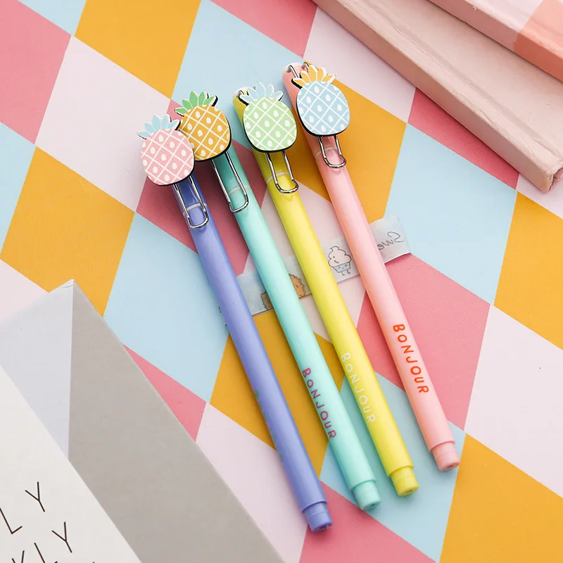 12Pcs Cute Pineapple Fruit Big ClipGel Pen Fine Point 0.5mm Black Ink Kawaii Stationery Pen Students School Supplies