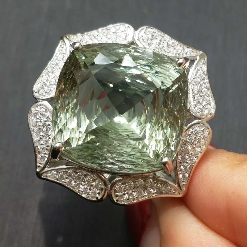 

FLZB , Supper hyperbole ring 22.0ct natural green amethyst gemstone in 925 sterling sliver with white gold party ring for women