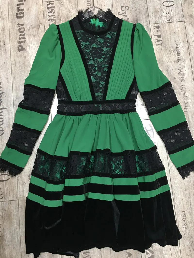 Весенние винтажные Лоскутные зеленые бархатные шифоновые платья женские с длинным рукавом сексуальные кружевные вечерние платья женская одежда больших размеров - Цвет: Green