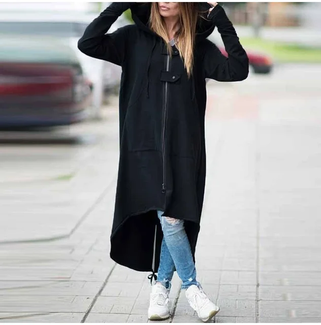 LOSSKY Fashion długi rękaw z kapturem Trench płaszcz 2018 jesień czarny zamek błyskawiczny plus rozmiar 5XL aksamitny długi płaszcz kobiety overcoat Odzież -