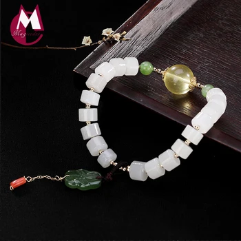 

2019 Mosaic natural stone White jade Beeswax jasper Bracelet Bangle 100% 925 Sterling Silver Women bead Bracelet fine Jewelry R4