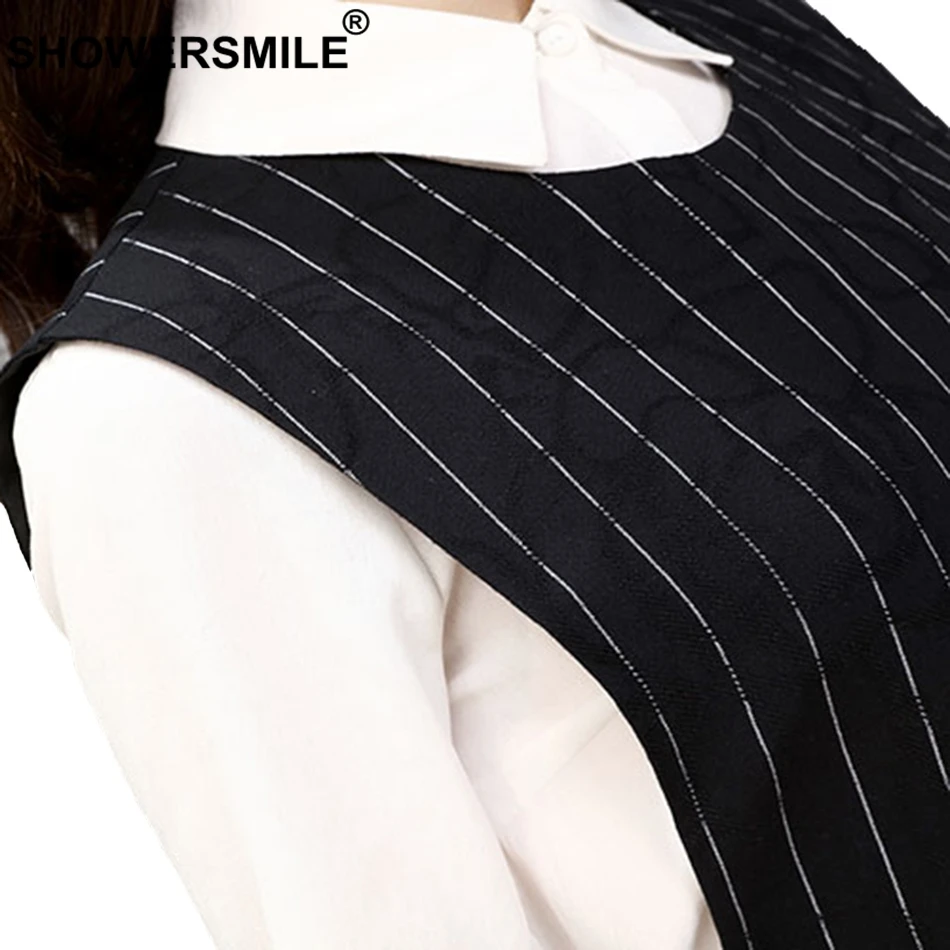 SHOWERSMILE Womens Vest Jacket Black Striped Waistcoat Ladies Linen OL Adjustable Waist Slim Fit Female Short Spring Gilet 3xl