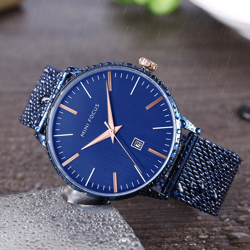 

MINI FOCUS 2019 Fashion Watch Men Military Quartz Clock Blue Mesh Strap Calendar Date Display Chic Mens Watches Top Brand Luxury