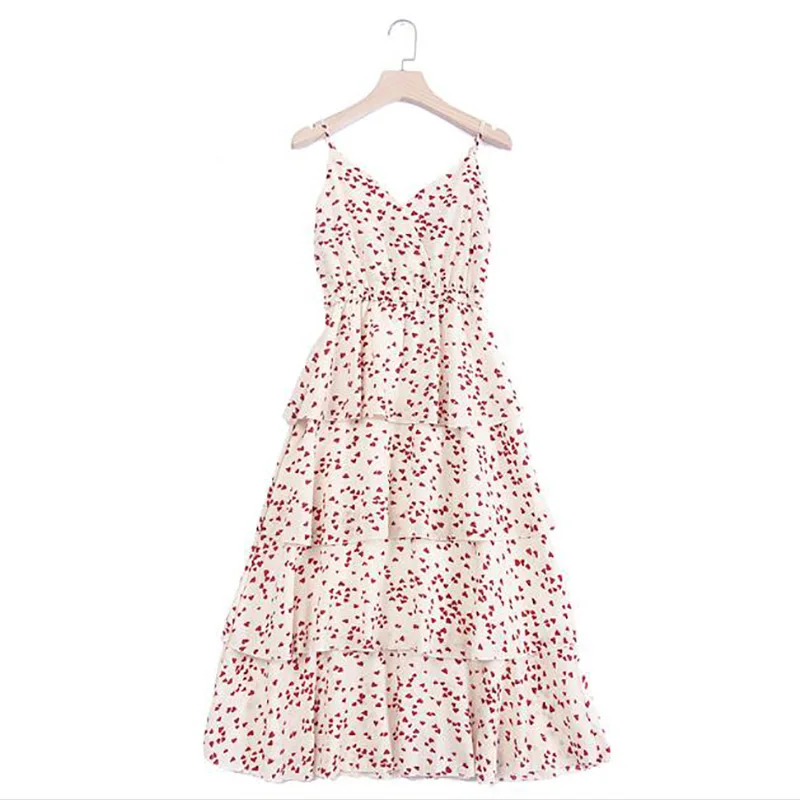 

Summer dress 2019 summer dress robe femme heart print chiffon harness dress high waist dress vestidos de verano