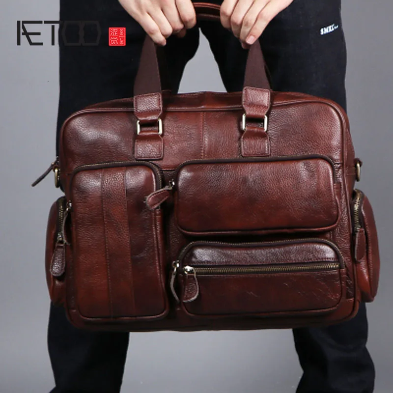 AETOO جلد طبيعي جلد طبيعي حقيبة لابتوب حقائب جلد البقر الرجال Crossbody حقيبة سفر الرجال البني حقيبة جلدية