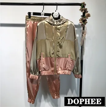 

2019 Spring and Autumn Fashion Streetwear Contrast Color Metallic Satin Jacket + Leisure Pants 2 Pieces Women Sport Pants Sets