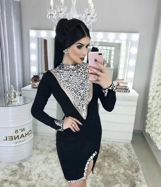 

High Quality Black Long Sleeve Mantual Beading Rayon Bandage Dress Sexy Evening Party Bodycon Dress