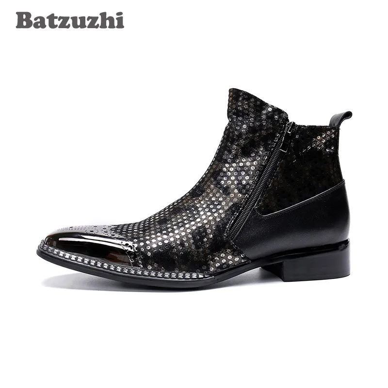 Batzuzhi POP Men Boots Super Star Men Leather Ankle Boots Men Black Pointed Metal Tip Party and Wedding botas hombre, Big US6-12