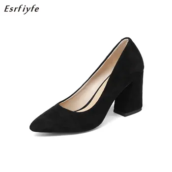 

ESRFIYFE New 2018 Women Pumps Sweet Style Square High Heel Flock Pointed Toe Spring and Autumn Elegant Shallow Ladies Shoes