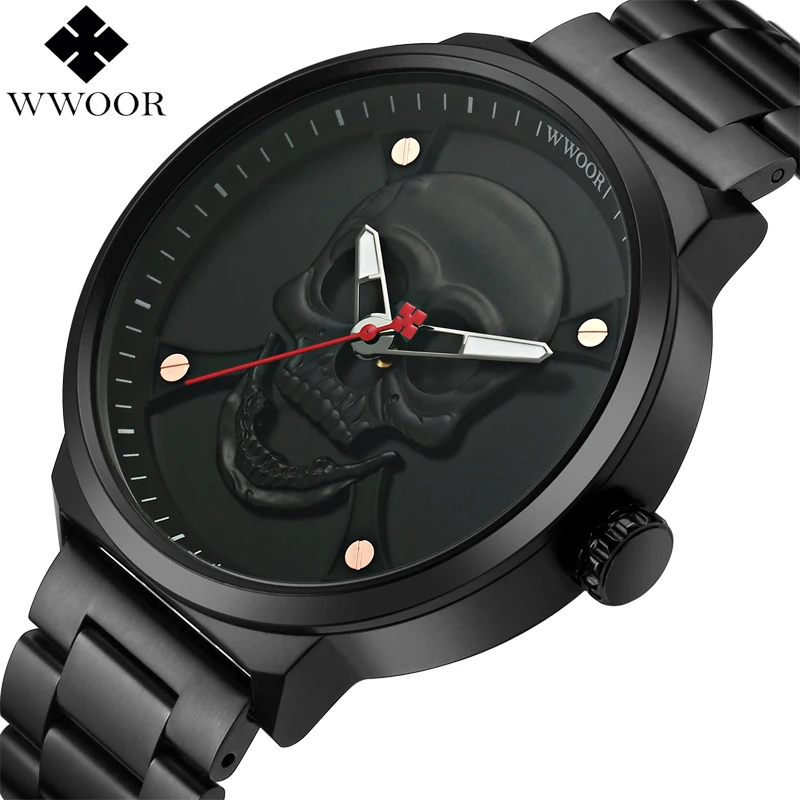 

WWOOR Cool Skull Quartz Mens Watches Brand Luxury Retro Stainless Steel Sport Clock Black Military Male Watch Relogio Masculino