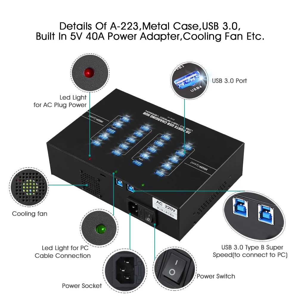 Sipolar A-223, промышленные 20 портов, USB 3,0, многопортовые, USB зарядное устройство, станция с 200 Вт, блок питания, зарядка для телефонов, планшетов