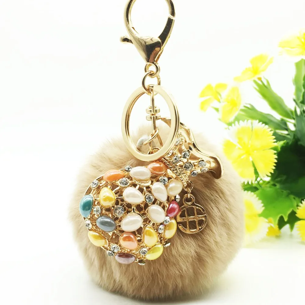 

2017 new trinket fake pompom keychain bunny keychains on bag rabbit fur Keychain fur pom pom charms for bags anime