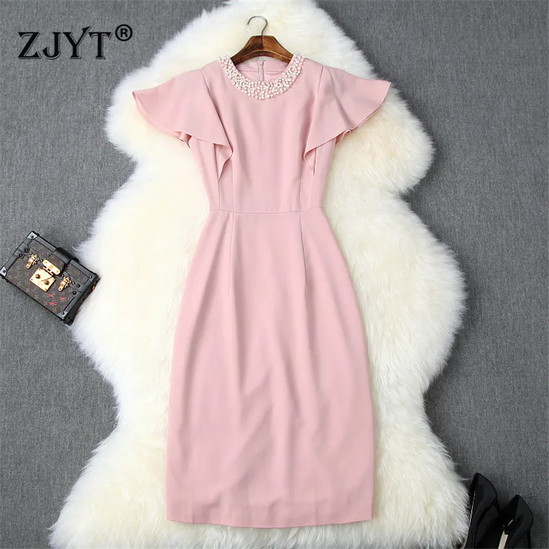 

Elegant Lady Summer Dresses Women 2019 New Designer Fashion Clothes Butterfly Sleeve Pearls Beading Solid Dinner Party Dresses