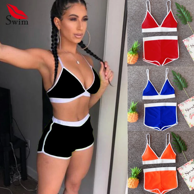 

Swimsuits Women 2019 Push Up High Waist Bikini Sport Swimsuit Bath Clothes Swimwear Separate Sheer Bikini Red Black Bathing Suit