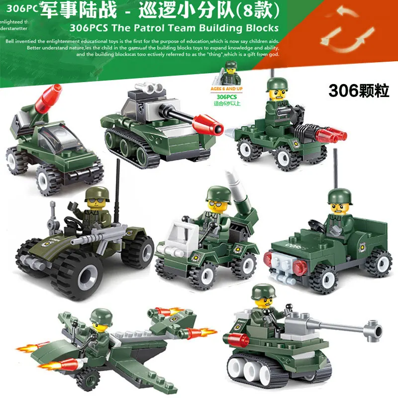 

8pcs/lot Military Equipment Fire Engines Fighter Gun Car Tank Guard Car Transport Vehicles Building Blocks Children Toys