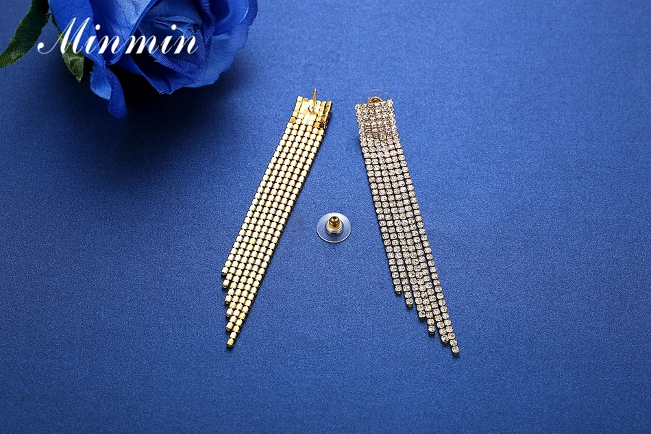 Minmin роскошный золотой цвет Кристалл Свадебные Ювелирные наборы для женщин браслеты с длинной кисточкой серьги наборы модные ювелирные изделия EH424+ SL076
