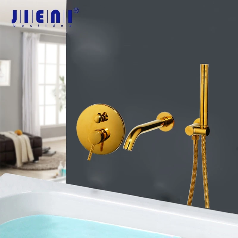 

JIENI Golden Plated Wall Mounted Bathtub 2 Functions Bathroom Faucets Shower Set Faucet Mixer Shower Set W/ Hand Spray