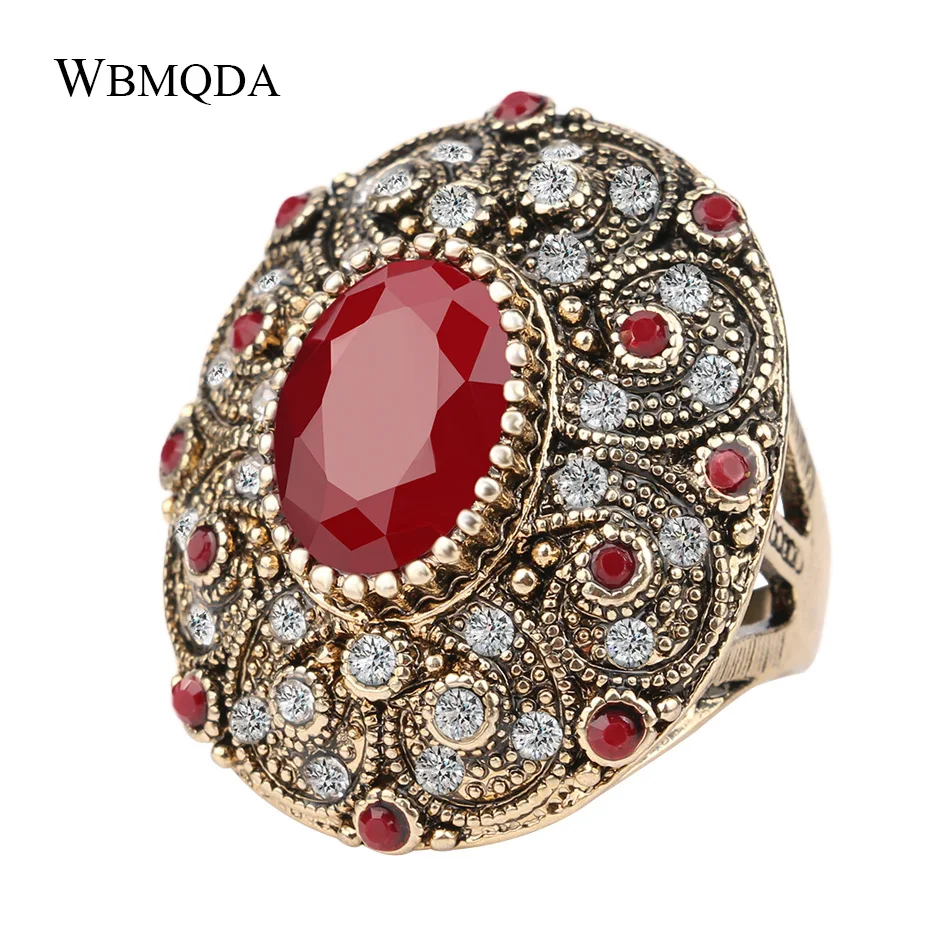 

Vintage Indian Jewelry Boho Big Black Red Green Stone Ring Luxury Crystal Antique Gold Wedding Rings For Women 2018 New Arrivals