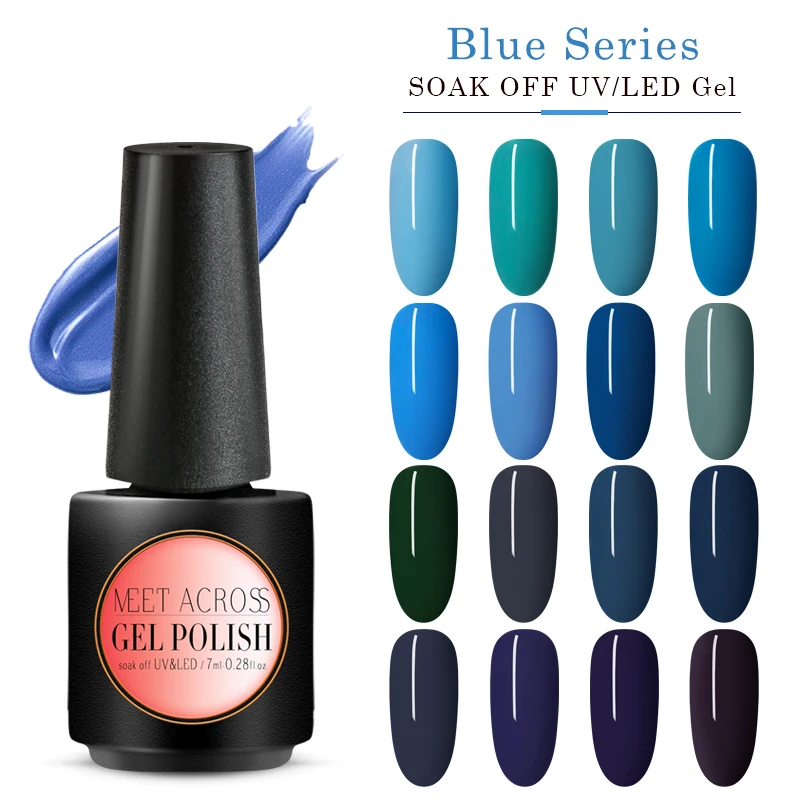 

MEET ACROSS Blue Gel Nail Polish Pure Colors Long Lasting Hybrid Nail Gel Lacquer Soak Off UV Gel Nails Design Gel Polish