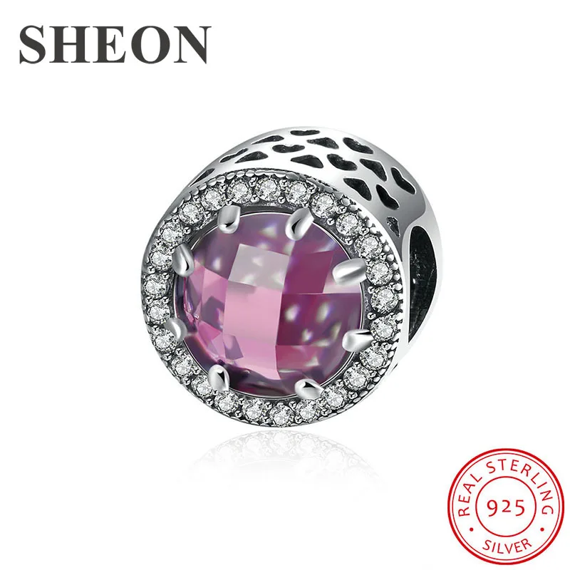 

SHEON Romantic Charms 925 Sterling Silver Round Stone Pink Beads Fit Pandora Bracelets & Necklaces Women Fashion Accessories