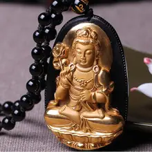 Естественный обсидиан позолоченная махастхамапрапта кулон знак лошадь покровителя мужской и женской жизни Благоприятный Будда